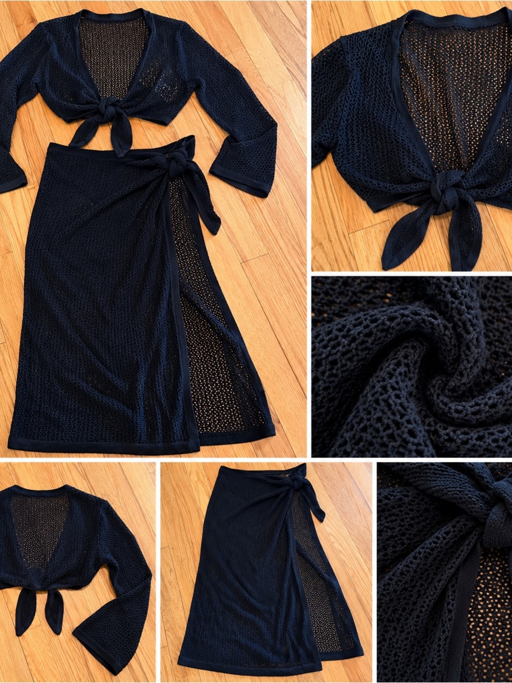 Navy Knit Tie-Front Crop Top + Wrap Skirt Set